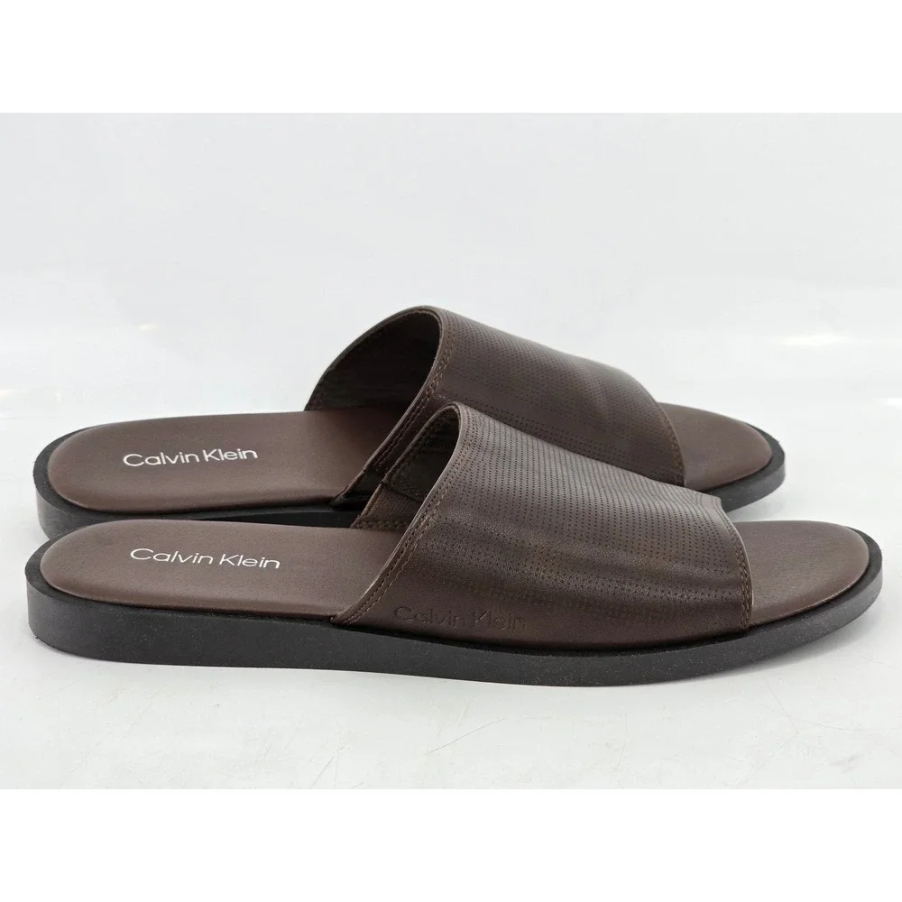 Calvin Klein Slide Sandals Mens Size 9 Brown Perforated Faux Leather -Excellent